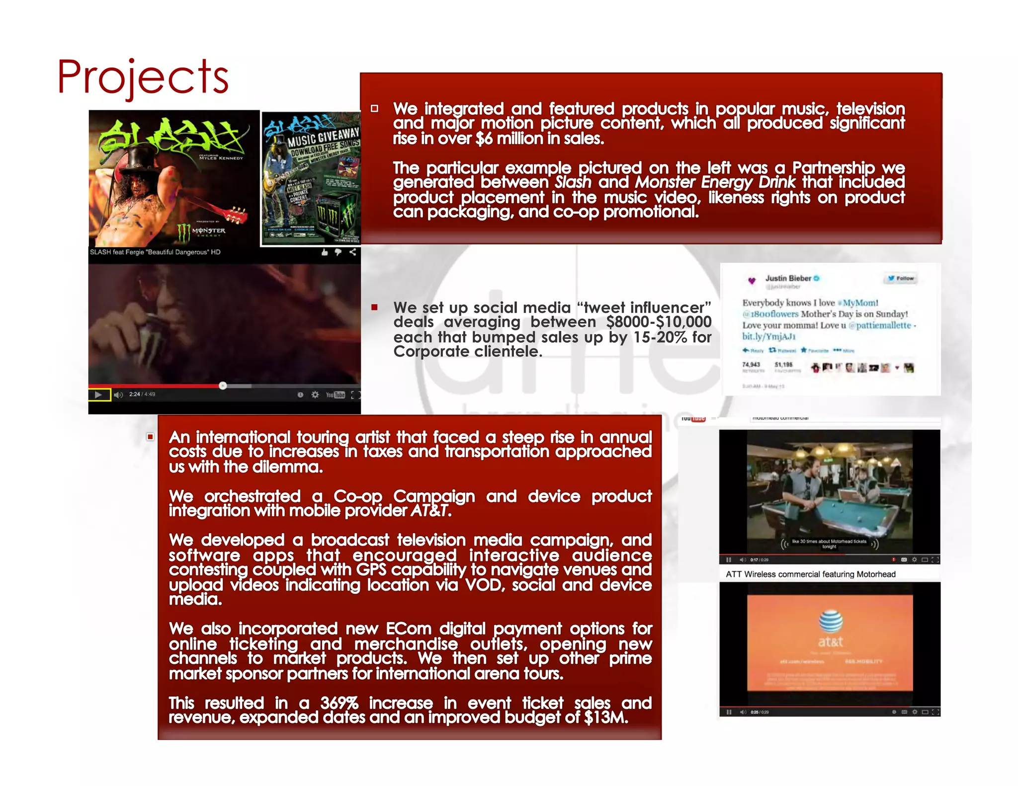 ¡  We set up social media “tweet influencer”
deals averaging between $8000-$10,000
each that bumped sales up by 15-20% for
Corporate clientele.
Projects
 