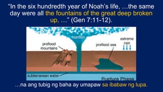 “In the six hundredth year of Noah’s life, …the same
day were all the fountains of the great deep broken
up, …” (Gen 7:11-12).
…na ang tubig ng baha ay umapaw sa ibabaw ng lupa.
 