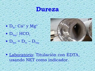 Dureza
• DTot: Ca2+
y Mg2+
• DTemp: HCO3
-
• DPerm = DTot – DTemp
• Laboratorio: Titulación con EDTA,
usando NET como indicador.
 