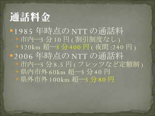 1985 年時点の NTT の通話料 市内― 3 分 10 円 ( 割引制度なし ) 320km 超― 3 分 400 円 ( 夜間 :240 円 ) 2006 年時点の NTT の通話料 市内― 3 分 8.5 円 ( フレッツなど定額制 ) 県内市外 60km 超― 3 分 40 円 県外市外 100km 超― 3 分 80 円 