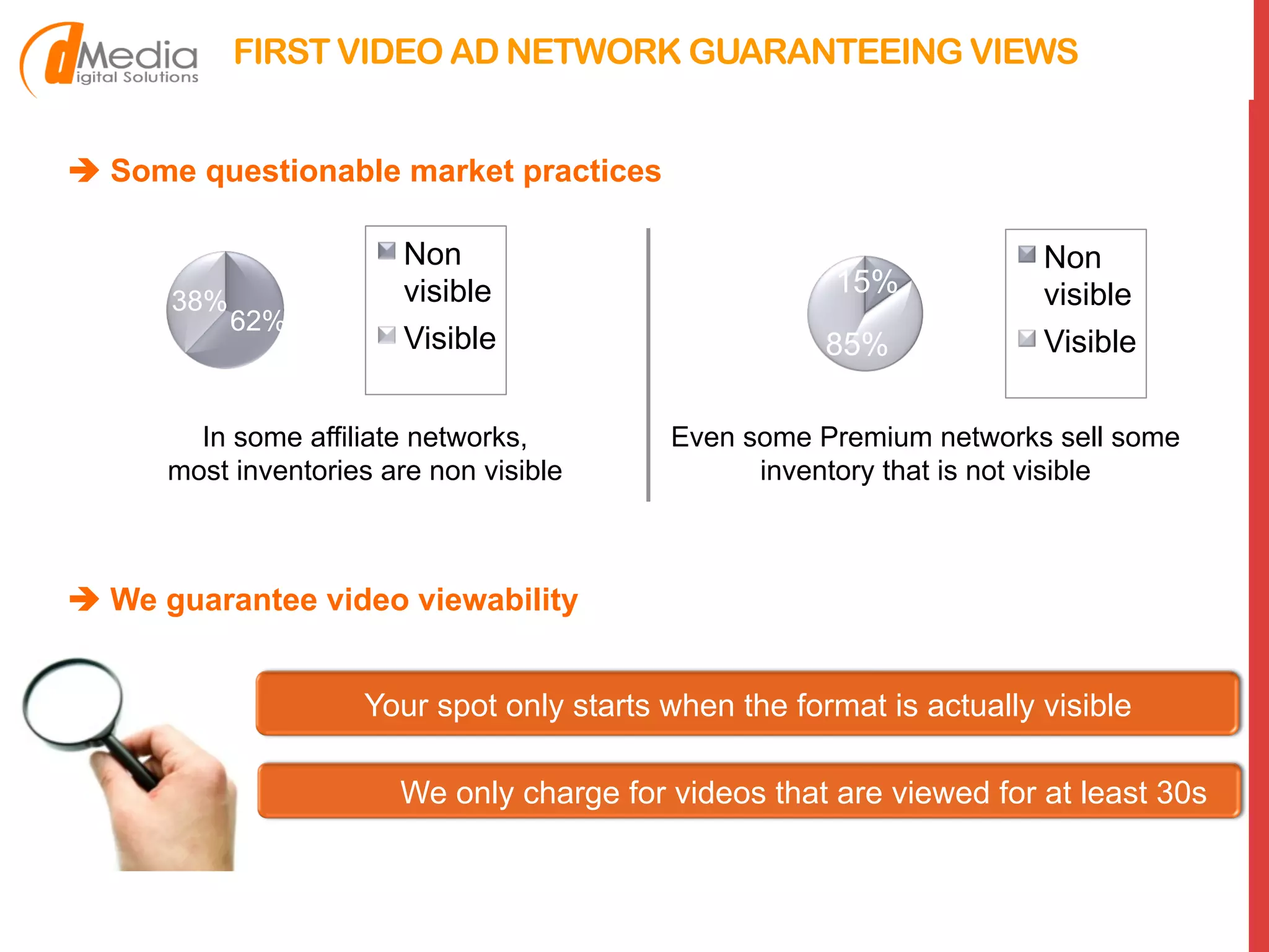 FIRST VIDEO AD NETWORK GUARANTEEING VIEWS
! Some questionable market practices
62%
38%
Non
visible
Visible
In some affiliate networks,
most inventories are non visible
15%
85%
Non
visible
Visible
Even some Premium networks sell some
inventory that is not visible
! We guarantee video viewability
Your spot only starts when the format is actually visible
We only charge for videos that are viewed for at least 30s
 