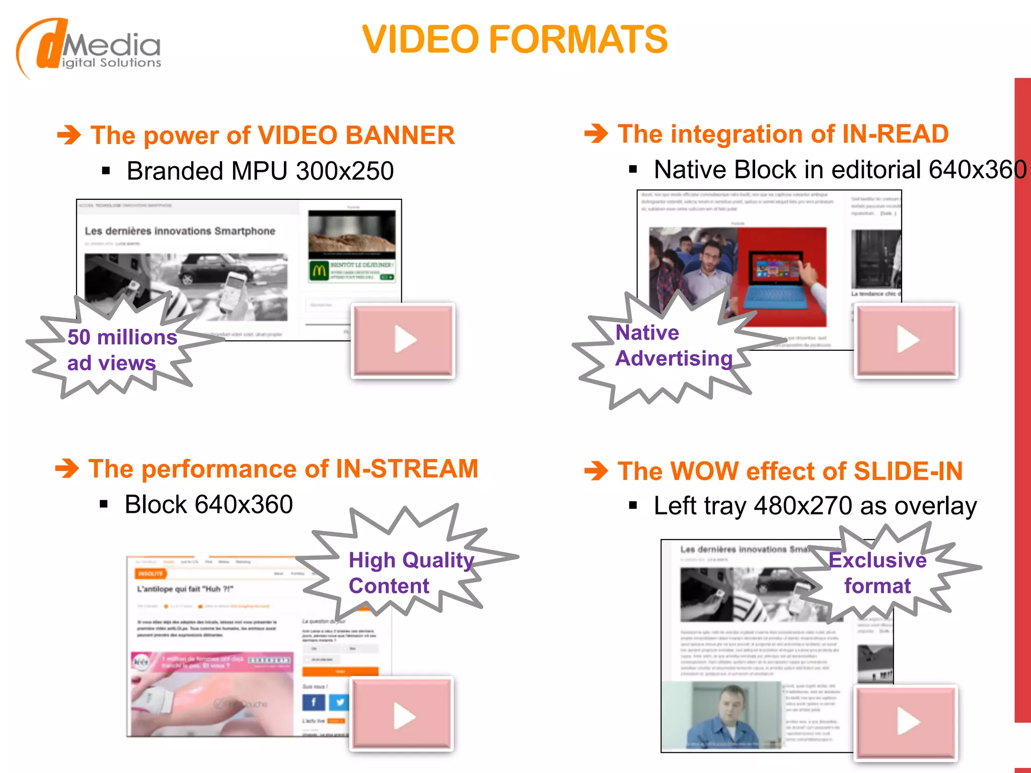 VIDEO FORMATS
50 millions
ad views
Native
Advertising
Exclusive
format
High Quality
Content
! The power of VIDEO BANNER
§  Branded MPU 300x250
! The integration of IN-READ
§  Native Block in editorial 640x360
! The WOW effect of SLIDE-IN
§  Left tray 480x270 as overlay
! The performance of IN-STREAM
§  Block 640x360
 