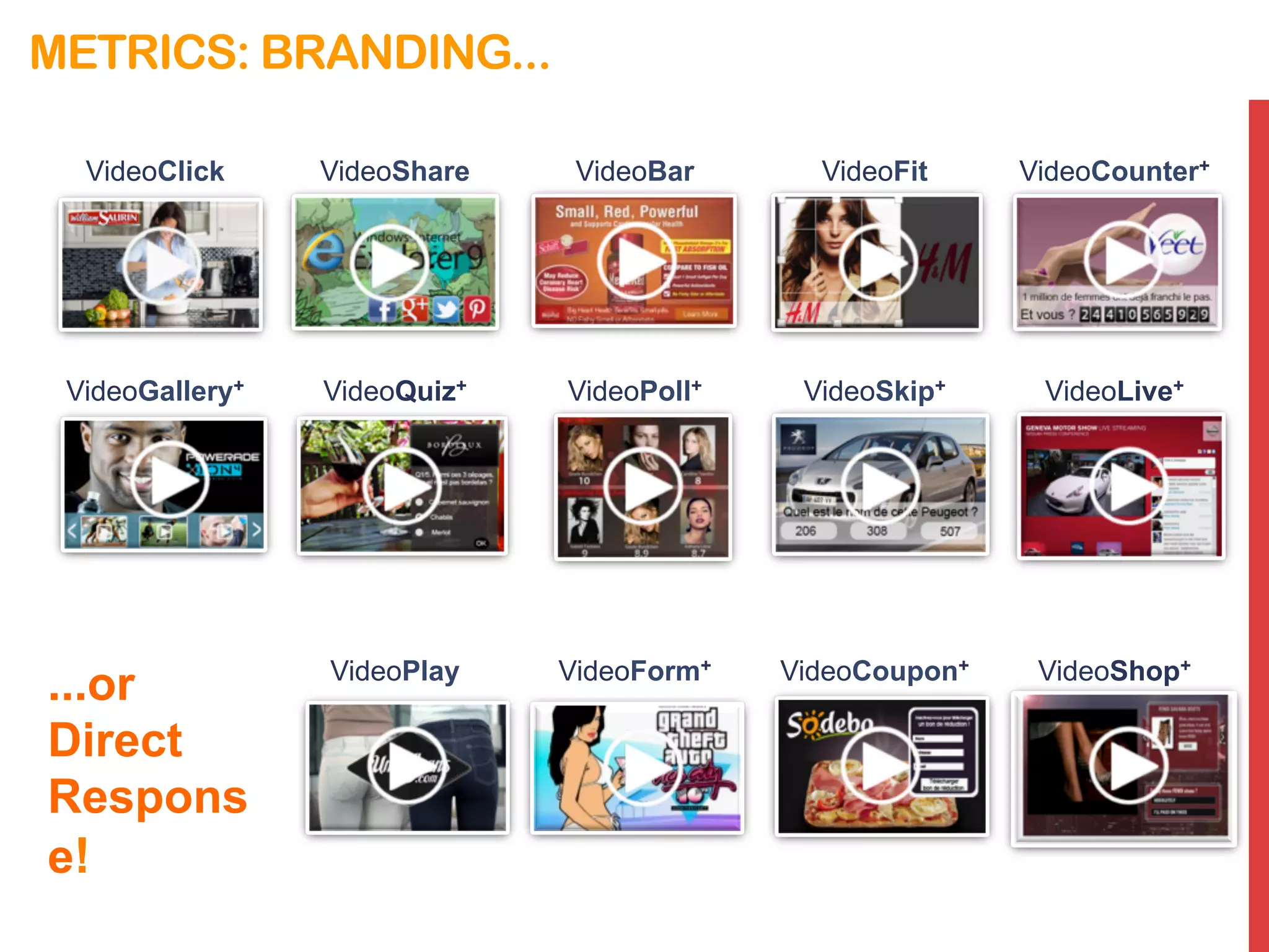 VideoClick VideoShare VideoBar VideoFit VideoCounter+
VideoGallery+ VideoQuiz+ VideoPoll+ VideoSkip+ VideoLive+
...or
Direct
Respons
e!
VideoPlay VideoForm+ VideoCoupon+ VideoShop+
METRICS: BRANDING...
 