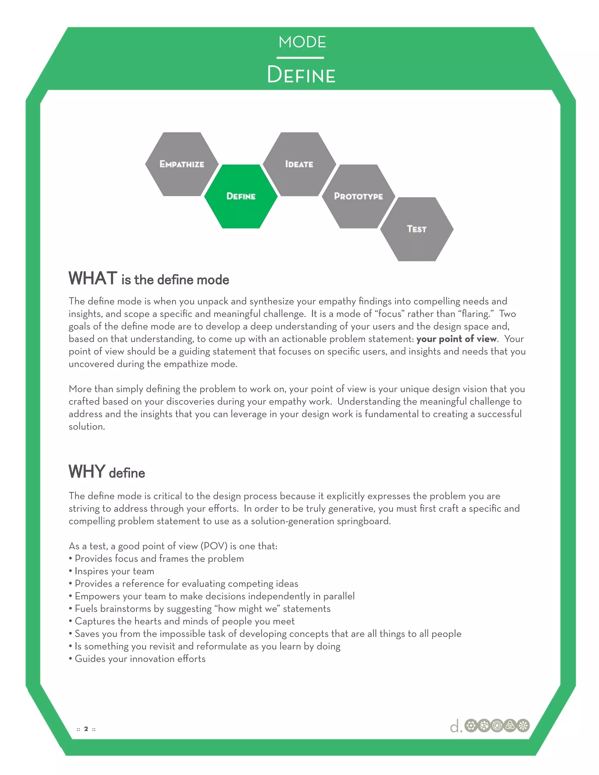 MODE

                                               Deﬁne




WHAT is the define mode
The deﬁne mode is when you unpack and synthesize your empathy ﬁndings into compelling needs and
insights, and scope a speciﬁc and meaningful challenge. It is a mode of “focus” rather than “ﬂaring.” Two
goals of the deﬁne mode are to develop a deep understanding of your users and the design space and,
based on that understanding, to come up with an actionable problem statement: your point of view. Your
point of view should be a guiding statement that focuses on speciﬁc users, and insights and needs that you
uncovered during the empathize mode.

More than simply deﬁning the problem to work on, your point of view is your unique design vision that you
crafted based on your discoveries during your empathy work. Understanding the meaningful challenge to
address and the insights that you can leverage in your design work is fundamental to creating a successful
solution.



WHY define
The deﬁne mode is critical to the design process because it explicitly expresses the problem you are
striving to address through your eﬀorts. In order to be truly generative, you must ﬁrst craft a speciﬁc and
compelling problem statement to use as a solution-generation springboard.

As a test, a good point of view (POV) is one that:
•! Provides focus and frames the problem
•! Inspires your team
•! Provides a reference for evaluating competing ideas
•! Empowers your team to make decisions independently in parallel
•! Fuels brainstorms by suggesting “how might we” statements
•! Captures the hearts and minds of people you meet
•! Saves you from the impossible task of developing concepts that are all things to all people
•! Is something you revisit and reformulate as you learn by doing
•! Guides your innovation eﬀorts




 :: 2 ::
 