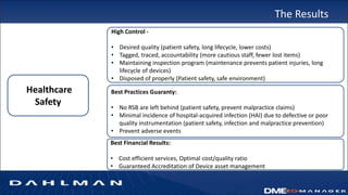 The Results
High Control -
• Desired quality (patient safety, long lifecycle, lower costs)
• Tagged, traced, accountability (more cautious staff, fewer lost items)
• Maintaining inspection program (maintenance prevents patient injuries, long
lifecycle of devices)
• Disposed of properly (Patient safety, safe environment)
Healthcare
Safety
Best Practices Guaranty:
• No RSB are left behind (patient safety, prevent malpractice claims)
• Minimal incidence of hospital-acquired infection (HAI) due to defective or poor
quality instrumentation (patient safety, infection and malpractice prevention)
• Prevent adverse events
Best Financial Results:
• Cost efficient services, Optimal cost/quality ratio
• Guaranteed Accreditation of Device asset management
 