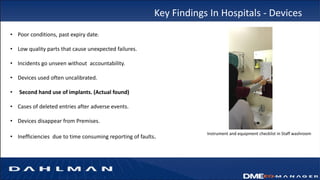 Key Findings In Hospitals - Devices
• Poor conditions, past expiry date.
• Low quality parts that cause unexpected failures.
• Incidents go unseen without accountability.
• Devices used often uncalibrated.
• Second hand use of implants. (Actual found)
• Cases of deleted entries after adverse events.
• Devices disappear from Premises.
• Inefficiencies due to time consuming reporting of faults. Instrument and equipment checklist in Staff washroom
 