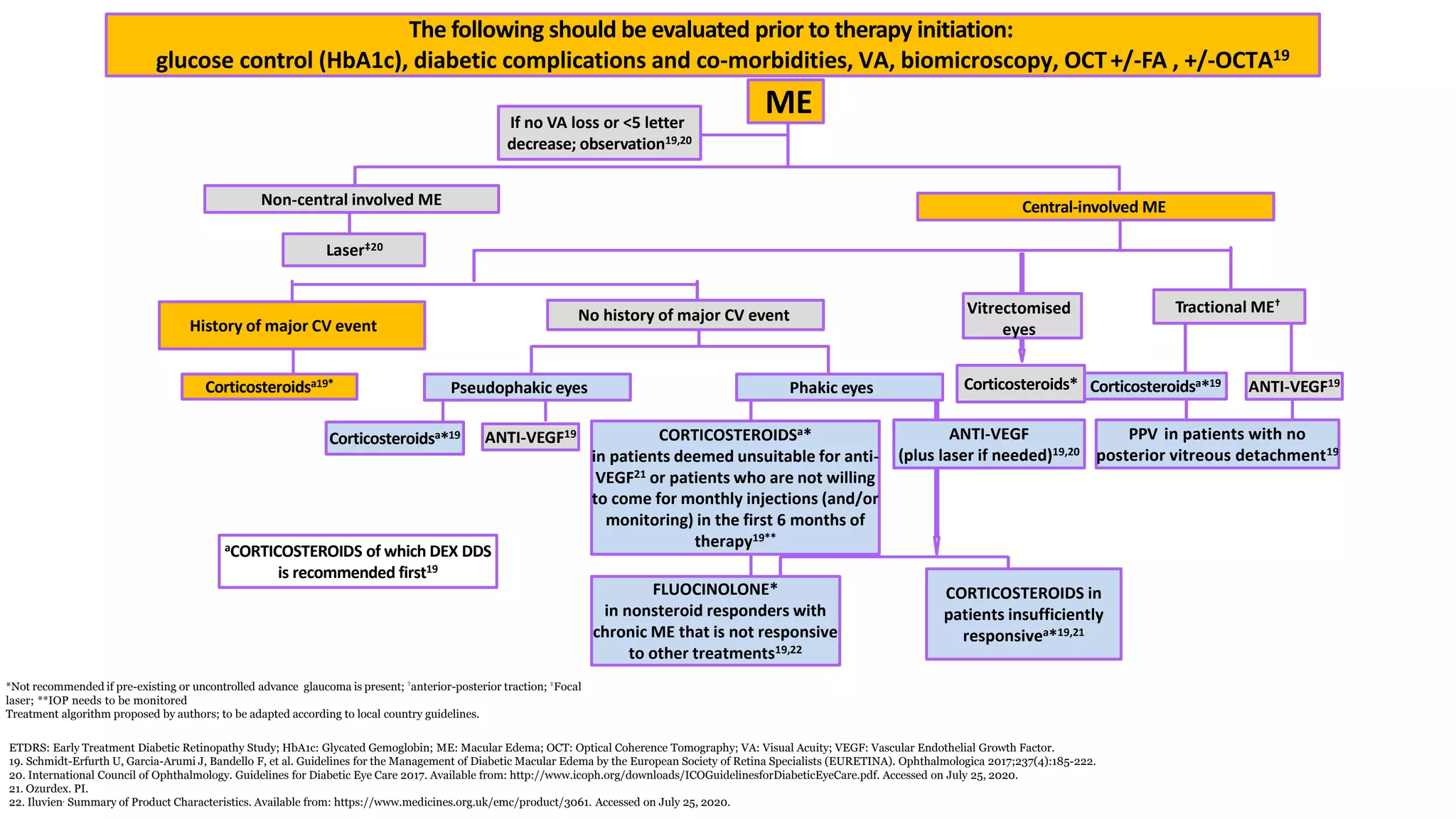 ETDRS: Early Treatment Diabetic Retinopathy Study; HbA1c: Glycated Gemoglobin; ME: Macular Edema; OCT: Optical Coherence Tomography; VA: Visual Acuity; VEGF: Vascular Endothelial Growth Factor.
19. Schmidt-Erfurth U, Garcia-Arumi J, Bandello F, et al. Guidelines for the Management of Diabetic Macular Edema by the European Society of Retina Specialists (EURETINA). Ophthalmologica 2017;237(4):185-222.
20. International Council of Ophthalmology. Guidelines for Diabetic Eye Care 2017. Available from: http://www.icoph.org/downloads/ICOGuidelinesforDiabeticEyeCare.pdf. Accessed on July 25, 2020.
21. Ozurdex. PI.
22. Iluvien. Summary of Product Characteristics. Available from: https://www.medicines.org.uk/emc/product/3061. Accessed on July 25, 2020.
The following should be evaluated prior to therapy initiation:
glucose control (HbA1c), diabetic complications and co-morbidities, VA, biomicroscopy, OCT+/-FA , +/-OCTA19
Non-central involved ME Central-involved ME
If no VA loss or <5 letter
decrease; observation19,20
PPV in patients with no
posterior vitreous detachment19
History of major CV event
Corticosteroidsa19* ANTI-VEGF19
Laser‡20
Pseudophakic eyes
Corticosteroidsa*19
No history of major CV event
Phakic eyes
ANTI-VEGF
(plus laser if needed)19,20
CORTICOSTEROIDS in
patients insufficiently
responsivea*19,21
CORTICOSTEROIDSa*
in patients deemed unsuitable for anti-
VEGF21 or patients who are not willing
to come for monthly injections (and/or
monitoring) in the first 6 months of
therapy19**
aCORTICOSTEROIDS of which DEX DDS
is recommended first19
Tractional ME†
ME
ANTI-VEGF19
Corticosteroidsa*19
FLUOCINOLONE*
in nonsteroid responders with
chronic ME that is not responsive
to other treatments19,22
*Not recommended if pre-existing or uncontrolled advance glaucoma is present; †anterior-posterior traction; ‡Focal
laser; **IOP needs to be monitored
Treatment algorithm proposed by authors; to be adapted according to local country guidelines.
Corticosteroids*
Vitrectomised
eyes
 