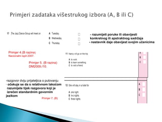 Primjer 5. (B razina)
DM2009./10.
Primjer 4.(B razina)
Nacionalni ispit 2007.
Primjer 7. (B)
- razumijeti poruke ili obavijesti
konkretnog ili apstraktnog sadržaja
- nastavnik daje obavijest svojim učenicima
-razgovor dviju prijateljica o putovanju
- očekuje se da s relativnom lakoćom
razumijete tijek razgovora koji je
izrečen standardnim govornim
jezikom
 