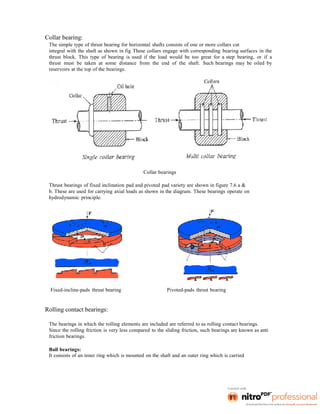 Collar bearing:
The simple type of thrust bearing for horizontal shafts consists of one or more collars cut
integral with the shaft as shown in fig These collars engage with corresponding bearing surfaces in the
thrust block. This type of bearing is used if the load would be too great for a step bearing, or if a
thrust must be taken at some distance from the end of the shaft. Such bearings may be oiled by
reservoirs at the top of the bearings.
Collar bearings
Thrust bearings of fixed inclination pad and pivoted pad variety are shown in figure 7.6 a &
b. These are used for carrying axial loads as shown in the diagram. These bearings operate on
hydrodynamic principle.
Fixed-incline-pads thrust bearing Pivoted-pads thrust bearing
Rolling contact bearings:
The bearings in which the rolling elements are included are referred to as rolling contact bearings.
Since the rolling friction is very less compared to the sliding friction, such bearings are known as anti
friction bearings.
Ball bearings:
It consists of an inner ring which is mounted on the shaft and an outer ring which is carried
 