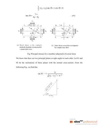 Fig. Principal stresses for a member subjected to bi-axial stress
We know that there are two principal planes at right angles to each other. Let θ1 and
θ2 be the inclinations of these planes with the normal cross-section. From the
following Fig., we find that
 