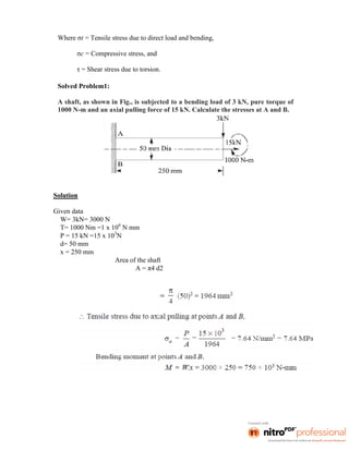 Where σt = Tensile stress due to direct load and bending,
σc = Compressive stress, and
τ = Shear stress due to torsion.
Solved Problem1:
A shaft, as shown in Fig., is subjected to a bending load of 3 kN, pure torque of
1000 N-m and an axial pulling force of 15 kN. Calculate the stresses at A and B.
Solution
Given data
W= 3kN= 3000 N
T= 1000 Nm =1 x 106
N mm
P = 15 kN =15 x 103
N
d= 50 mm
x = 250 mm
Area of the shaft
A = π4 d2
 