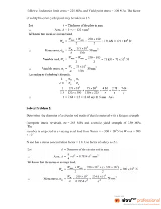 follows: Endurance limit stress = 225 MPa, and Yield point stress = 300 MPa. The factor
of safety based on yield point may be taken as 1.5.
Solved Problem 2:
Determine the diameter of a circular rod made of ductile material with a fatigue strength
(complete stress reversal), σe = 265 MPa and a tensile yield strength of 350 MPa.
The
member is subjected to a varying axial load from Wmin = – 300 × 103
N to Wmax = 700
× 103
N and has a stress concentration factor = 1.8. Use factor of safety as 2.0.
 