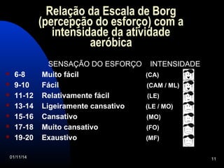 Relação da Escala de Borg 
(percepção do esforço) com a 
intensidade da atividade 
aeróbica 
SENSAÇÃO DO ESFORÇO INTENSIDADE 
 6-8 Muito fácil (CA) 
 9-10 Fácil (CAM / ML) 
 11-12 Relativamente fácil (LE) 
 13-14 Ligeiramente cansativo (LE / MO) 
 15-16 Cansativo (MO) 
 17-18 Muito cansativo (FO) 
 19-20 Exaustivo (MF) 
01/11/14 11 
 