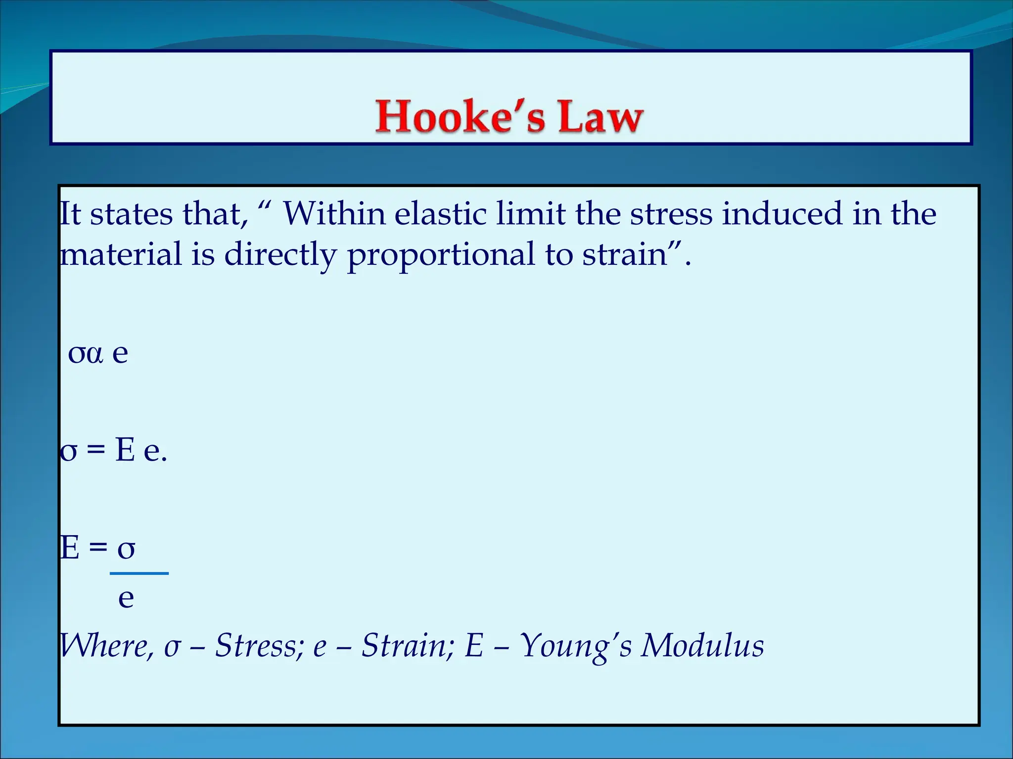 It states that, “ Within elastic limit the stress induced in the
material is directly proportional to strain”.
σ e
σ = E e.
E = σ
e
Where, σ – Stress; e – Strain; E – Young’s Modulus
 