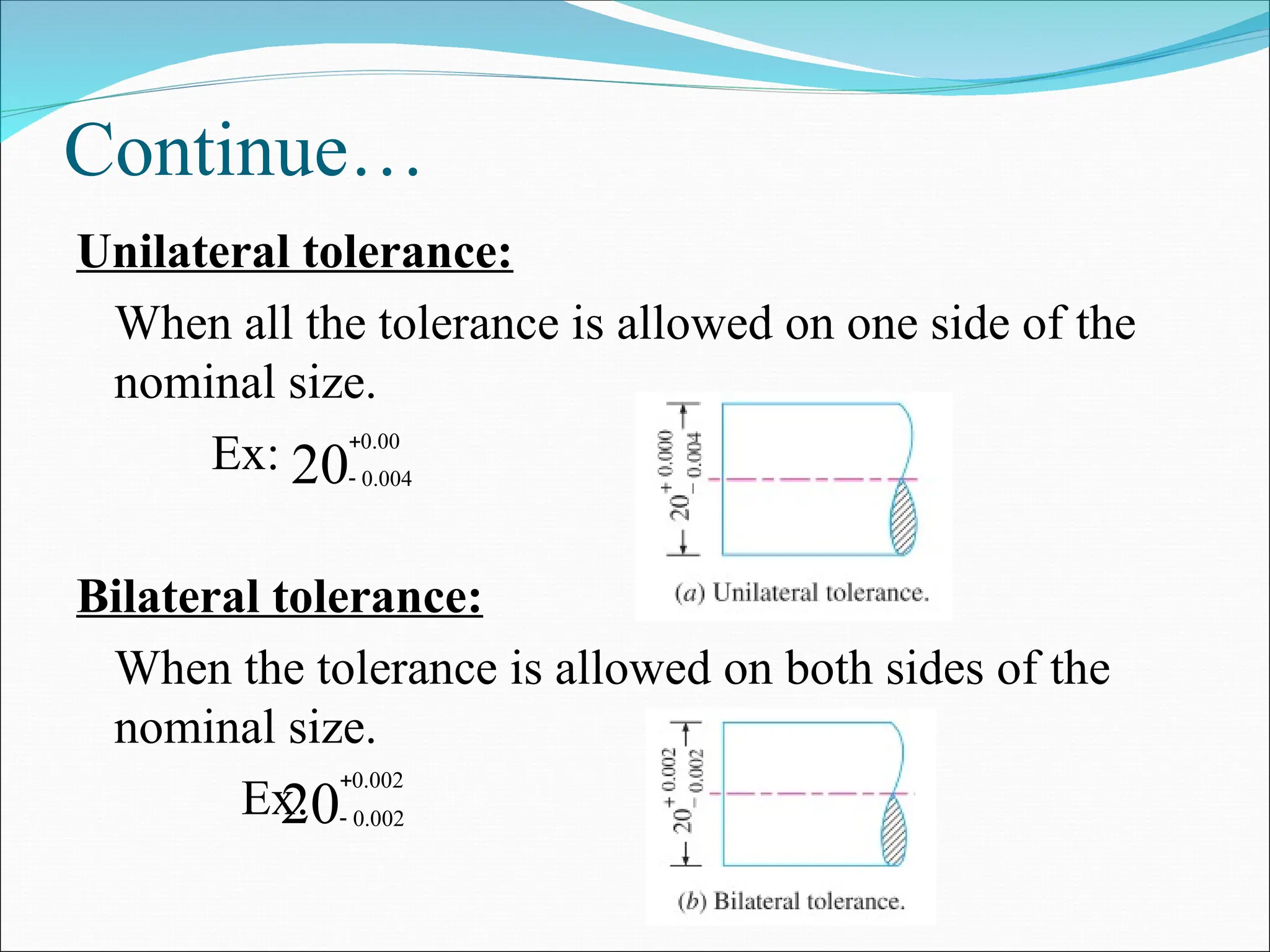 Continue…
Unilateral tolerance:
When all the tolerance is allowed on one side of the
nominal size.
Ex:
Bilateral tolerance:
When the tolerance is allowed on both sides of the
nominal size.
Ex:
20
00
.
0
004
.
0


20
002
.
0
002
.
0


 