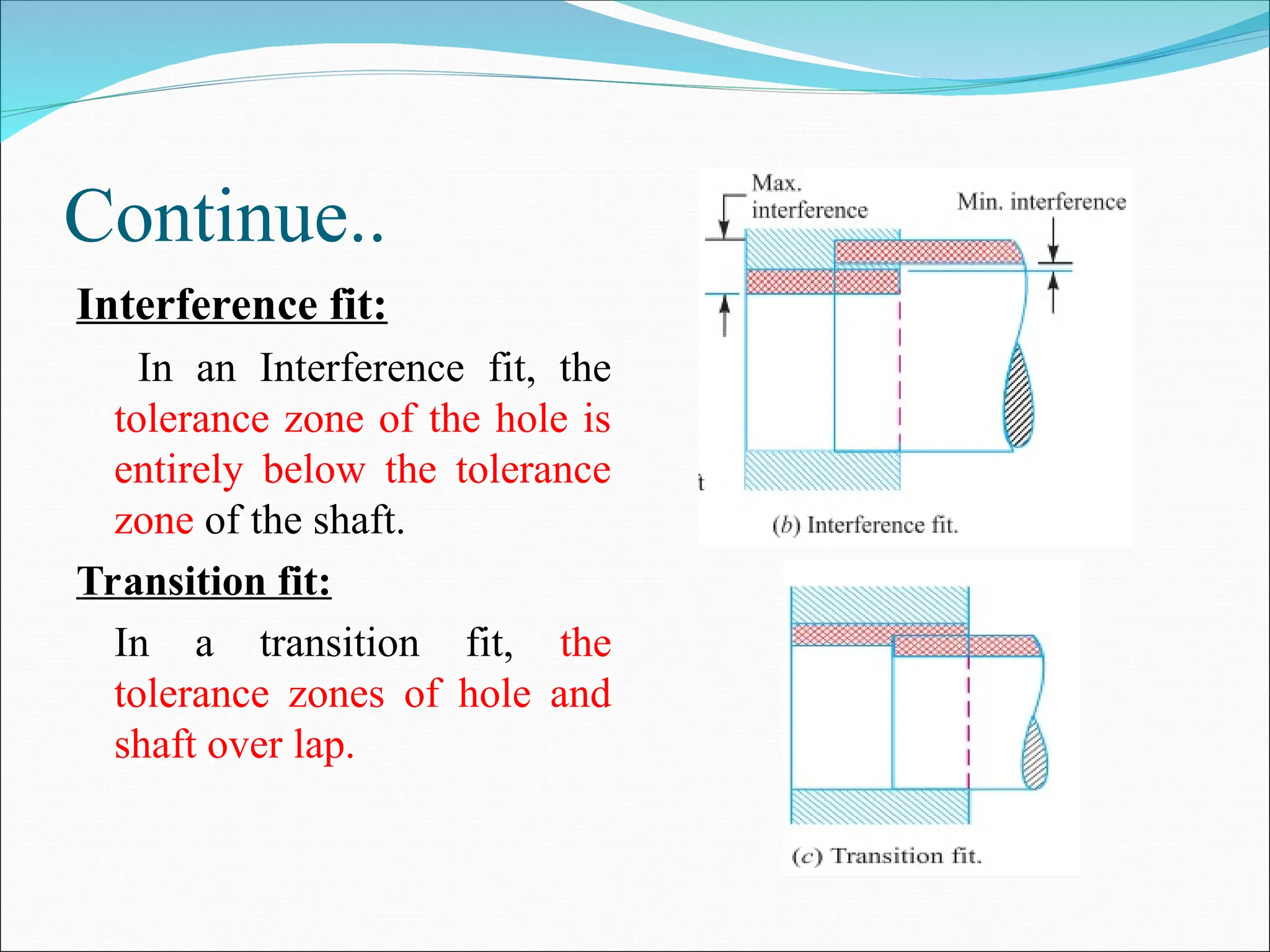 Continue..
Interference fit:
In an Interference fit, the
tolerance zone of the hole is
entirely below the tolerance
zone of the shaft.
Transition fit:
In a transition fit, the
tolerance zones of hole and
shaft over lap.
 