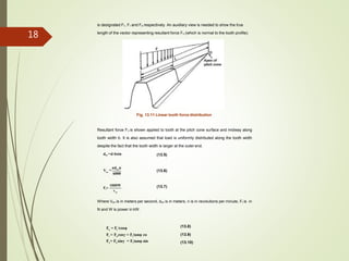 is designated Ft, Fr and Fa respectively. An auxiliary view is needed to show the true
length of the vector representing resultant force Fn (which is normal to the tooth profile).
Fig. 13.11 Linear tooth force distribution
Resultant force Fn is shown applied to tooth at the pitch cone surface and midway along
tooth width b. It is also assumed that load is uniformly distributed along the tooth width
despite the fact that the tooth width is larger at the outer end.
dav =d-bsin (13.5)
(13.6)avV =
πdavn
6000
(13.7)
av
1000W
Ft=
v
Where Vav is in meters per second, dav is in meters, n is in revolutions per minute, Ft is in
N and W is power in kW.
(13.8)
(13.9)
(13.10)
F = F /cosφn t
Fr = Fncosγ = Ft tanφ co
Fa= Fnsinγ = Ft tanφ sin
18
 
