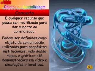 Conceito
 É qualquer recurso que
possa ser reutilizado para
     dar suporte ao
      aprendizado.
Podem ser definidos como
  objeto de comunicação
utilizados para propósitos
institucionais, indo desde
   mapas e gráficos até
demonstrações em vídeo e
  simulações interativas.
 