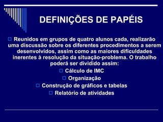 DEFINIÇÕES DE PAPÉIS   Reunidos em grupos de quatro alunos cada, realizarão uma discussão sobre os diferentes procedimentos a serem desenvolvidos, assim como as maiores dificuldades inerentes à resolução da situação-problema. O trabalho poderá ser dividido assim: Cálculo de IMC Organização Construção de gráficos e tabelas Relatório de atividades 