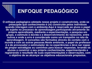 ENFOQUE PEDAGÓGICO O enfoque pedagógico adotado nesse projeto é construtivista, onde se pressupõe que conhecimento é (re) construído pelos indivíduos quando interagem com o ambiente.Aqui é reservado ao aluno o papel de sujeito no processo de aprendizagem,participando ativamente do próprio aprendizado, mediante a experimentação, a pesquisa em grupo, o estímulo à dúvida e o desenvolvimento do raciocínio, entre outros e onde o erro é considerado como um trampolim na rota da aprendizagem. O conceitos são formados através do contato com o mundo e com as outras pessoas.Neste ambiente, o papel do professor é o de provocador e estimulador de no experiências e deve ser capaz de propor estratégias ou caminhos para buscar respostas, levando os alunos a construir o seu próprio conhecimento, experimentando e registrando o resultado de suas experimentações e observações, com o objetivo de se alcançar os objetivos educacionais propostos. 