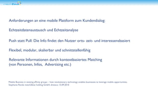 Anforderungen an eine mobile Plattform zum Kundendialog:   Echtzeitdatenaustausch und Echtzeitanalyse Push statt Pull: Die Info findet den Nutzer orts- zeit- und interessensbasiert Flexibel, modular, skalierbar und schnittstellenfähig Relevante Informationen durch kontextbasiertes Matching  (von Personen, Infos,  Advertising etc.) 