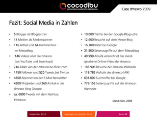 Case dmexco 2009



Fazit: Social Media in Zahlen
•   5 Blogger als Blogpartner                               • 10.000 Treffer bei der Google-Blogsuche
•   14 Medien als Medienpartner                             • 12.600 Besuche auf dem Messe-Blog
•   116 Artikel und 64 Kommentare                           • 16.200 Bilder bei Google
    im Messeblog                                            • 21.500 Seitenzugriffe auf dem Messeblog
•   146 Videos über die dmexco                              • 49.990 Abrufe verzeichnet das meist-
    (bei YouTube und Sevenload)                                gesehene Online-Video der dmexco
•   740 Bilder von der dmexco bei flickr.com                • 185.908 Besuche der dmexco-Webseite
•   1450 Follower und 520 Tweets bei Twitter                • 118.785 Aufrufe des dmexco-MIKI
•   4500 Abonnenten der E-Mail-Newsletter                   • 631.000 Suchtreffer bei Google
•   4800 Mitglieder und 260 Artikel in der                  • 779.158 Seitenzugriffe auf der dmexco-
    dmexco Xing-Gruppe                                         Webseite
•   ca. 6000 Tweets mit dem Hashtag
    #dmexco                                                                        Stand: Nov. 2009




               September 2010                copyright by cocodibu 2010                  Seite 13
 