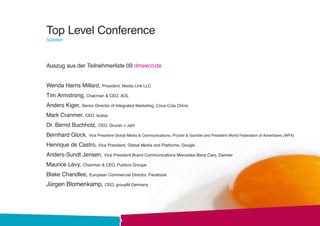 Top Level Conference
Speaker




Auszug aus der Teilnehmerliste 09 dmexco.de


Wenda Harris Millard, President, Media Link LLC
Tim Armstrong, Chairman & CEO, AOL
Anders Kiger, Senior Director of Integrated Marketing, Coca-Cola China
Mark Cranmer, CEO, Isobar
Dr. Bernd Buchholz, CEO, Gruner + Jahr
Bernhard Glock, Vice President Global Media & Communications, Procter & Gamble and President World Federation of Advertisers (WFA)
Henrique de Castro, Vice President, Global Media and Platforms, Google
Anders-Sundt Jensen, Vice President Brand Communications Mercedes-Benz Cars, Daimler
Maurice Lévy, Chairman & CEO, Publicis Groupe
Blake Chandlee, European Commercial Director, Facebook
Jürgen Blomenkamp, CEO, groupM Germany
 