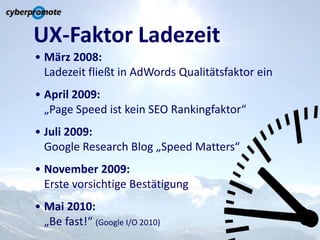 UX-Faktor Ladezeit<br /><ul><li>März 2008:Ladezeit fließt in AdWords Qualitätsfaktor ein