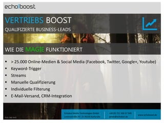VERTRIEBS BOOST
QUALIFIZIERTE BUSINESS-LEADS

WIE DIE MAGIE FUNKTIONIERT







> 25.000 Online-Medien & Social Media (Facebook, Twitter, Google+, Youtube)
Keyword-Trigger
Streams
Manuelle Qualifizierung
Individuelle Filterung
E-Mail-Versand, CRM-Integration

Foto: Balt ArtS

Echobot Media Technologies GmbH
Lorenzstraße 29 | D-76135 Karlsruhe

+49 (0) 721 500 57 500
petek@echobot.de

www.echoboost.de

 