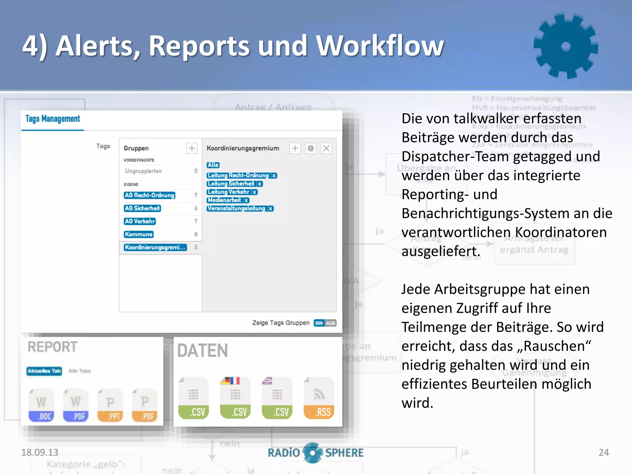 4) Alerts, Reports und Workflow
Die von talkwalker erfassten
Beiträge werden durch das
Dispatcher-Team getagged und
werden über das integrierte
Reporting- und
Benachrichtigungs-System an die
verantwortlichen Koordinatoren
ausgeliefert.
Jede Arbeitsgruppe hat einen
eigenen Zugriff auf Ihre
Teilmenge der Beiträge. So wird
erreicht, dass das „Rauschen“
niedrig gehalten wird und ein
effizientes Beurteilen möglich
wird.
18.09.13 24
 