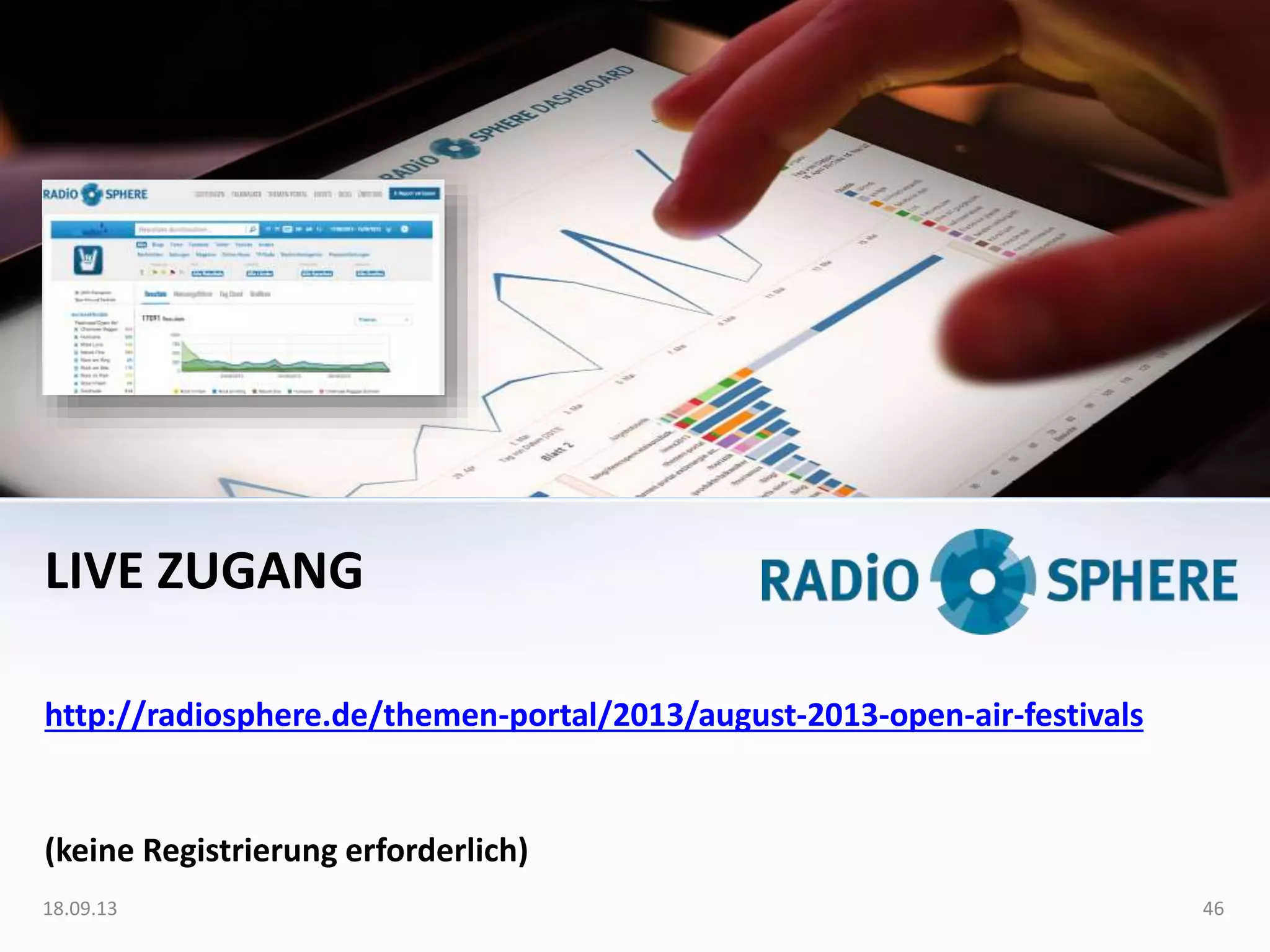 LIVE ZUGANG
http://radiosphere.de/themen-portal/2013/august-2013-open-air-festivals
(keine Registrierung erforderlich)
18.09.13 46
 