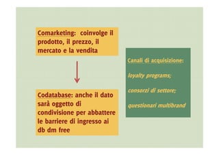 Comarketing: coinvolge il
prodotto, il prezzo, il
mercato e la vendita
                             Canali di acquisizione:

                             loyalty programs;

                             consorzi di settore;
Codatabase: anche il dato
sarà oggetto di              questionari multibrand
condivisione per abbattere
le barriere di ingresso ai
db dm free
 