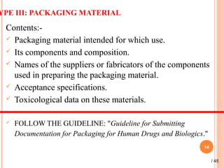 YPE III: PACKAGING MATERIAL
Contents:-
 Packaging material intended for which use.
 Its components and composition.
 Names of the suppliers or fabricators of the components
used in preparing the packaging material.
 Acceptance specifications.
 Toxicological data on these materials.
 FOLLOW THE GUIDELINE: "Guideline for Submitting
Documentation for Packaging for Human Drugs and Biologics."
14
/ 45
 
