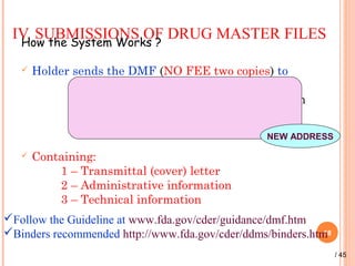 IV. SUBMISSIONS OF DRUG MASTER FILESHow the System Works ?
 Holder sends the DMF (NO FEE two copies) to
Central Document Room
Center for Drug Evaluation and Research
5901-B Ammendale Road
Beltsville, MD 20705-1266
 Containing:
1 – Transmittal (cover) letter
2 – Administrative information
3 – Technical information
18
Follow the Guideline at www.fda.gov/cder/guidance/dmf.htm
Binders recommended http://www.fda.gov/cder/ddms/binders.htm
NEW ADDRESS
/ 45
 