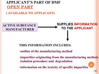 APPLICANT’S PART OF DMF
OPEN PART
( AVAILABLE TO APPLICANT)
40
ACTIVE SUBSTANCE
MANUFACTURER
SUPPLIES INFORMATION
TO THE APPLICANT
THIS INFORMATION INCLUDES:
-outline of the manufacturing method
-impurities originating from the manufacturing method,
isolation procedure and degradation
-information on the toxicity of specific impurities
/ 45
 