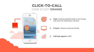 CLICK-TO-CALL
CASE STUDY ORANGE
Goals: Sending qualified leads to the Orange
call center for immediate call back
Formats: Banners and interstitials
Call back requests: 5,000
 