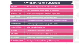 NATIVE ADS
A WIDE RANGE OF PUBLISHERS
CPC GEOLOC
Offer internet users non-intrusive content
LOW CPCDOUBLE CPC CLICK TO CALL
CPVCPV + CLICKTIME
CPICPI + Sales/registration… CPI GEOLOC
CPC + CPLCPL M-CALL BACK
CPC + CPA
LOYALTY CLUBS
PROMO CODES
CASHBACK
SOCIAL REWARD
OVERLAY
EMAILING
CONTENT/BLOGS Enjoy the support of opinion leaders for your brand
Access member-only online and offline buyers’ clubs
Incentivize your prospects and boost your sales
Target new customers and develop loyalty among your members
Boost your sales in a fun way
Convert basket “abandoners” into buyers
Reach qualified prospects with tailor-made offers
EMAIL RTG Re-target your visitors/intended buyers by email
SHOPBOTS CPA Advertise your products and gain qualified traffic
CO-REGISTRATION Enrich your database with ultra-qualified prospects
 
