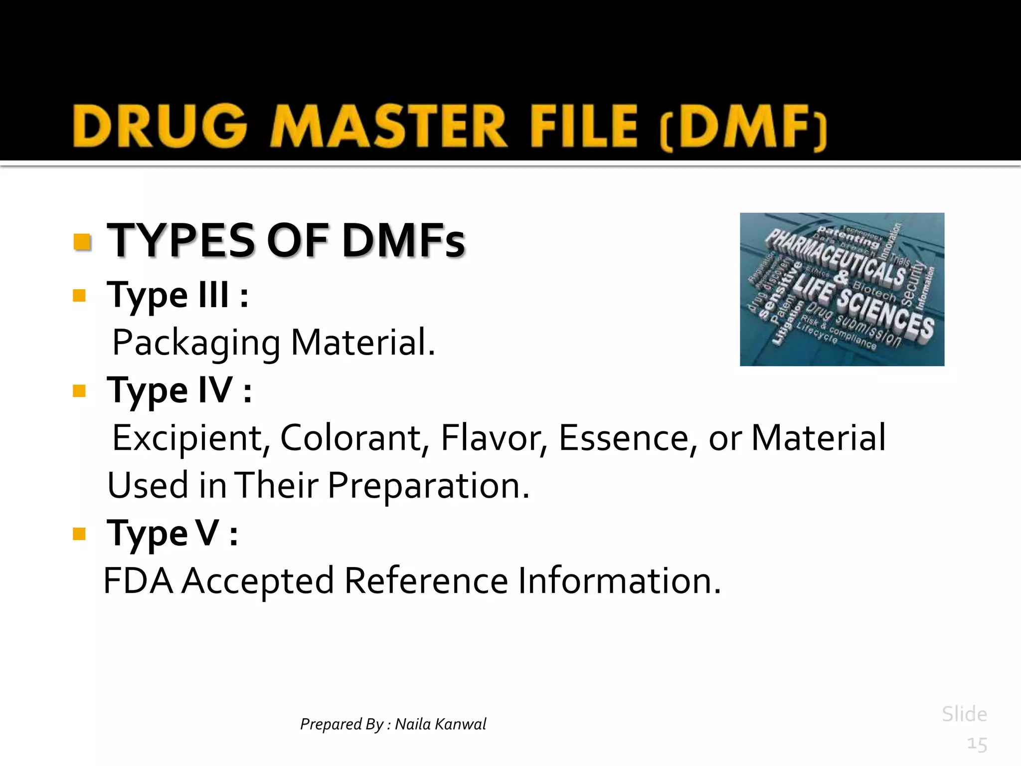 Prepared By : Naila Kanwal Slide
15
 TYPES OF DMFs
 Type III :
Packaging Material.
 Type IV :
Excipient, Colorant, Flavor, Essence, or Material
Used inTheir Preparation.
 TypeV :
FDA Accepted Reference Information.
 