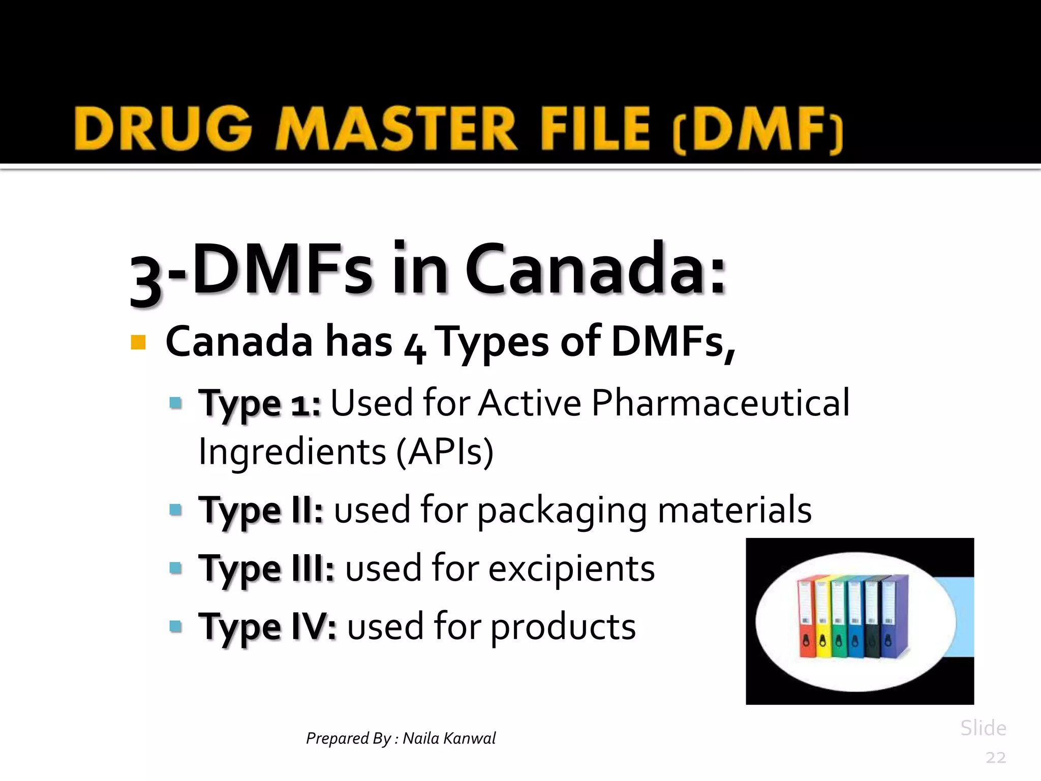 3-DMFs in Canada:
 Canada has 4Types of DMFs,
 Type 1: Used for Active Pharmaceutical
Ingredients (APIs)
 Type II: used for packaging materials
 Type III: used for excipients
 Type IV: used for products
Prepared By : Naila Kanwal Slide
22
 