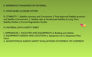 E. REFERENCE STANDARDS OF MATERIAL 
F. CONTAINER CLOSURE SYSTEM 
G. STABILITY 1. Stability summary and Conclusions 2. Post-Approval Stability protocol 
and Stability Commitment. 3. Stability data a) Accelerated Stability b) Long Term 
Stability Studies c) Forced Degradation Studies 
H. MATERIAL DATA SAFETY SHEET 
I. APPENDICES 1. FACILITIES AND EQUIPMENTS a) Building and Utilities 
2. EQUIPMENTS DESIGN AND LOCATION a. Equipment List b. Equipment Flow 
Chart 
3. ADVENTITIOUS AGENTS SAFETY EVALUATIONS STATEMENT OF COMMENT 
 