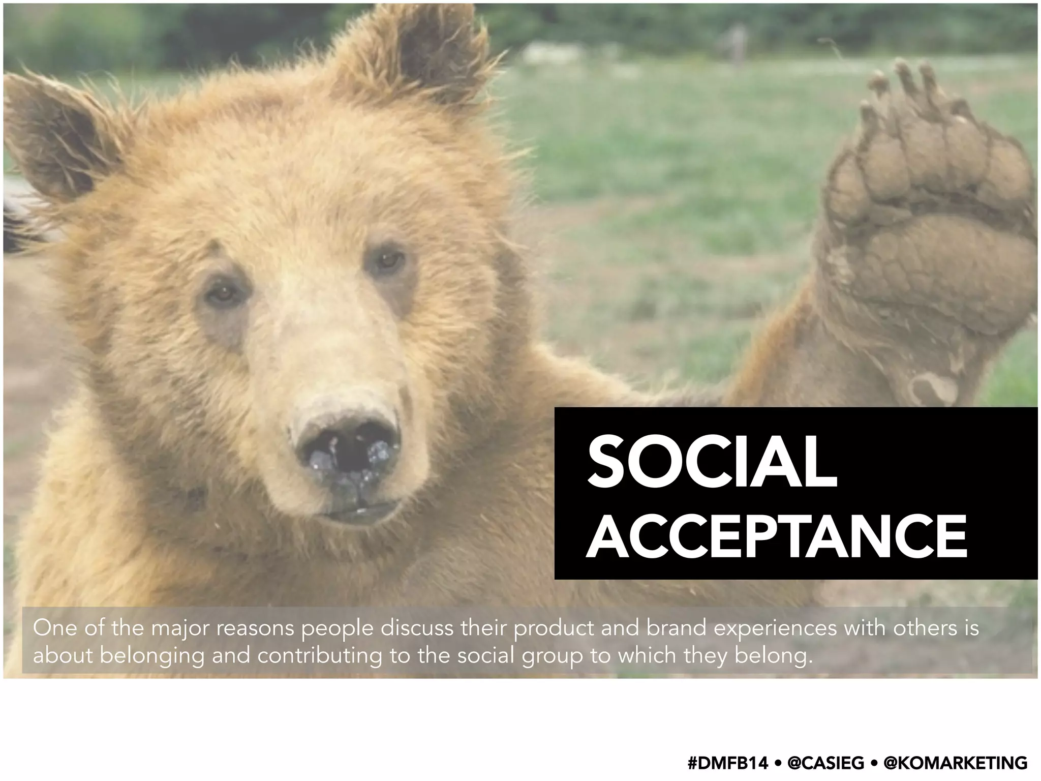 SOCIAL
ACCEPTANCE
One of the major reasons people discuss their product and brand experiences with others is
about belonging and contributing to the social group to which they belong.
#DMFB14 • @CASIEG • @KOMARKETING
 