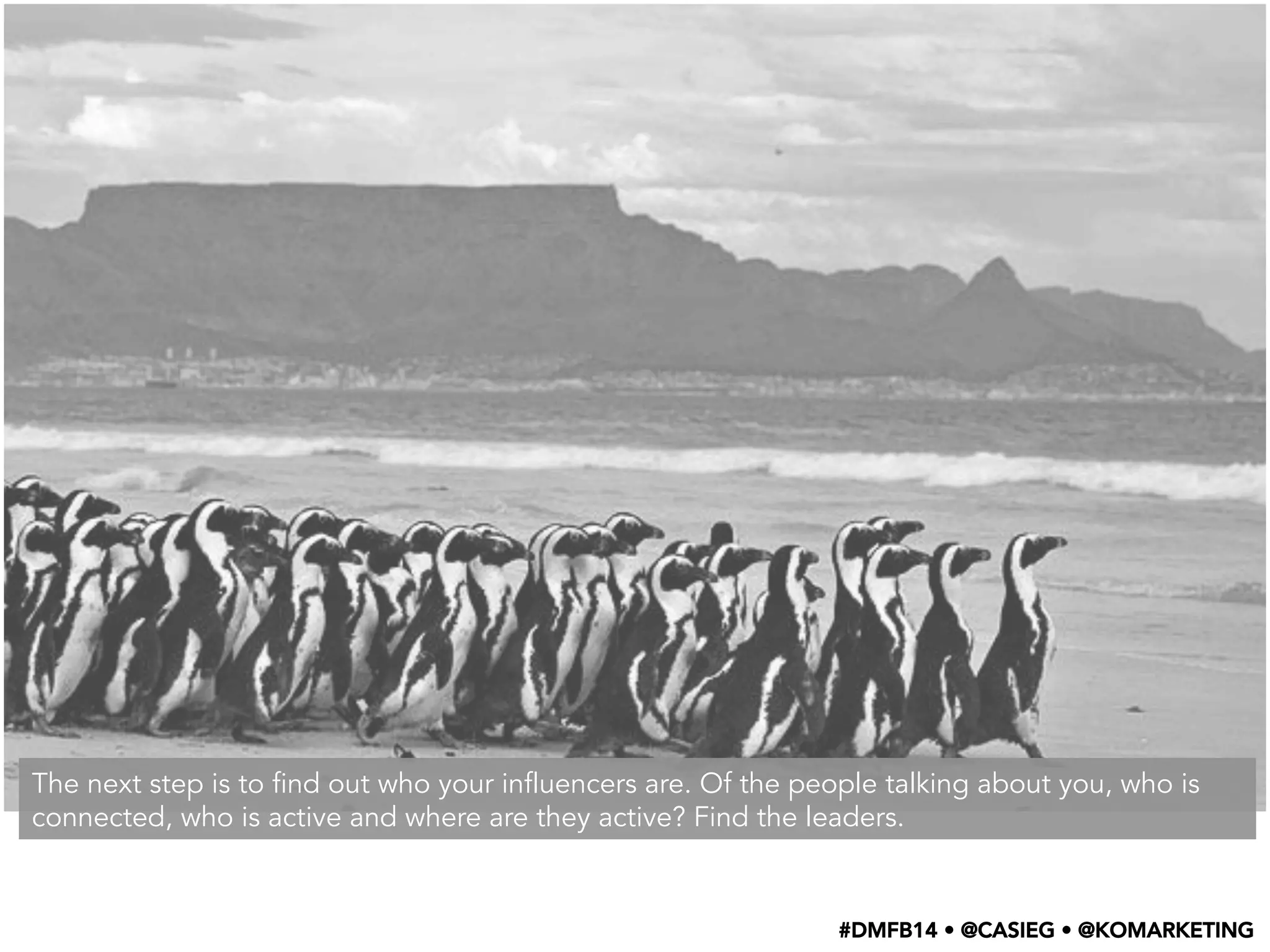 The next step is to find out who your influencers are. Of the people talking about you, who is
connected, who is active and where are they active? Find the leaders.
#DMFB14 • @CASIEG • @KOMARKETING
 