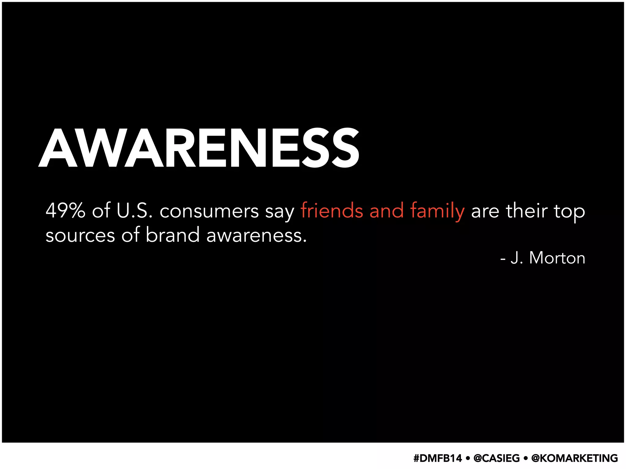 AWARENESS
49% of U.S. consumers say friends and family are their top
sources of brand awareness.
- J. Morton
#DMFB14 • @CASIEG • @KOMARKETING
 
