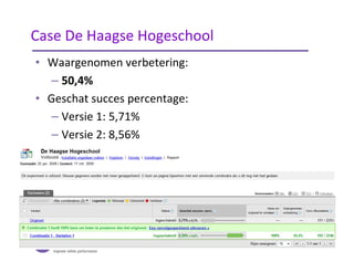 • Waargenomen verbetering:
– 50,4%
• Geschat succes percentage:
– Versie 1: 5,71%
– Versie 2: 8,56%
Case De Haagse Hogeschool
 