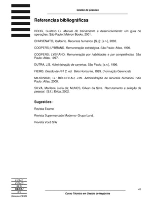 Gestão de pessoas
____________________________________________________________
____________________________________________________________
Curso Técnico em Gestão de Negócios
40
Referencias bibliográficas
BOOG, Gustavo G. Manual do treinamento e desenvolvimento: um guia de
operações. São Paulo: Makron Books, 2001.
CHIAVENATO, Idalberto. Recursos humanos. [S.l.]: [s.n.], 2002.
COOPERS; LYBRAND. Remuneração estratégica. São Paulo: Atlas, 1996.
COOPERS; LYBRAND. Remuneração por habilidades e por competências. São
Paulo: Atlas, 1997.
DUTRA, J.S. Administração de carreiras. São Paulo: [s.n.], 1996.
FIEMG. Gestão de RH. 2. ed. Belo Horizonte, 1999. (Formação Gerencial)
MILKOVICH, G.; BOUDREAU, J.W. Administração de recursos humanos. São
Paulo: Atlas, 2000.
SILVA, Marilene Luzia da; NUNES, Gilvan da Silva. Recrutamento e seleção de
pessoal. [S.l.]: Érica, 2002.
Sugestões:
Revista Exame
Revista Supermercado Moderno- Grupo Lund.
Revista Você S/A
 