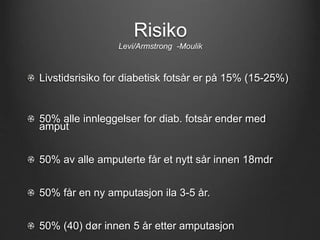 Risiko
Levi/Armstrong -Moulik
Livstidsrisiko for diabetisk fotsår er på 15% (15-25%)
50% alle innleggelser for diab. fotså...