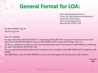 General Format for LOA:
Food and Drug Administration
Center for Drug Evaluation and Research
Central Document Room
5901-B Ammendale Road
Beltsville MD 20705-1266
Re: DMF #XXXXX, Type III
Hairless Cap Liner
Dear Sir or Madam:
By copy of this letter, DRUG HOLDER “X” is authorizing APPLICANT ABC to incorporate by reference into their
NDA/ANDA/IND/SUPPLEMENTAL NDA our DMF #XXXXX, DATE, Section WXYZ, Pages 105-115.
We hereby authorize your office to review the aforementioned specific information in DMF #XXXX in considering
the application filed by APPLICANT ABC.
The component/material furnished will be manufactured in accordance with DMF #XXXX and in compliance with
CGMPs.
This DMF holder states that DMF #XXXXX is current and will comply with all statements made within it.
Sincerely
XYZ
10/12/2017 B.K.Mody gov.pharmacy college,rajkot. 25
 