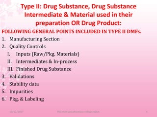 Type II: Drug Substance, Drug Substance
Intermediate & Material used in their
preparation OR Drug Product:
FOLLOWING GENERAL POINTS INCLUDED IN TYPE II DMFs.
1. Manufacturing Section
2. Quality Controls
I. Inputs (Raw/Pkg. Materials)
II. Intermediates & In-process
III. Finished Drug Substance
3. Validations
4. Stability data
5. Impurities
6. Pkg. & Labeling
10/12/2017 B.K.Mody gov.pharmacy college,rajkot. 6
 