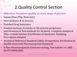 2.Quality Control Section
• Objective: To ensure quality at every stage of process:
• Inputs (Raw/Pkg. Materials)
• Intermediates & In-process
• Finished Drug Substance
• Gradual increase in checks as the process progresses
specifications & Test methods for all above Complete Analytical
Data of study batches (Certificates of Analyses) Sampling
Procedures adopted
• Analytical Reference Standard (ARS): (Preparation, Purification &
Qualification with Pharmacopoeial Standard)
• If Non-Pharmacopoeial: Extensive testing Test batches vs. ARS:
IR/UV/NMR/XRD
10/12/2017 B.K.Mody gov.pharmacy college,rajkot. 9
 