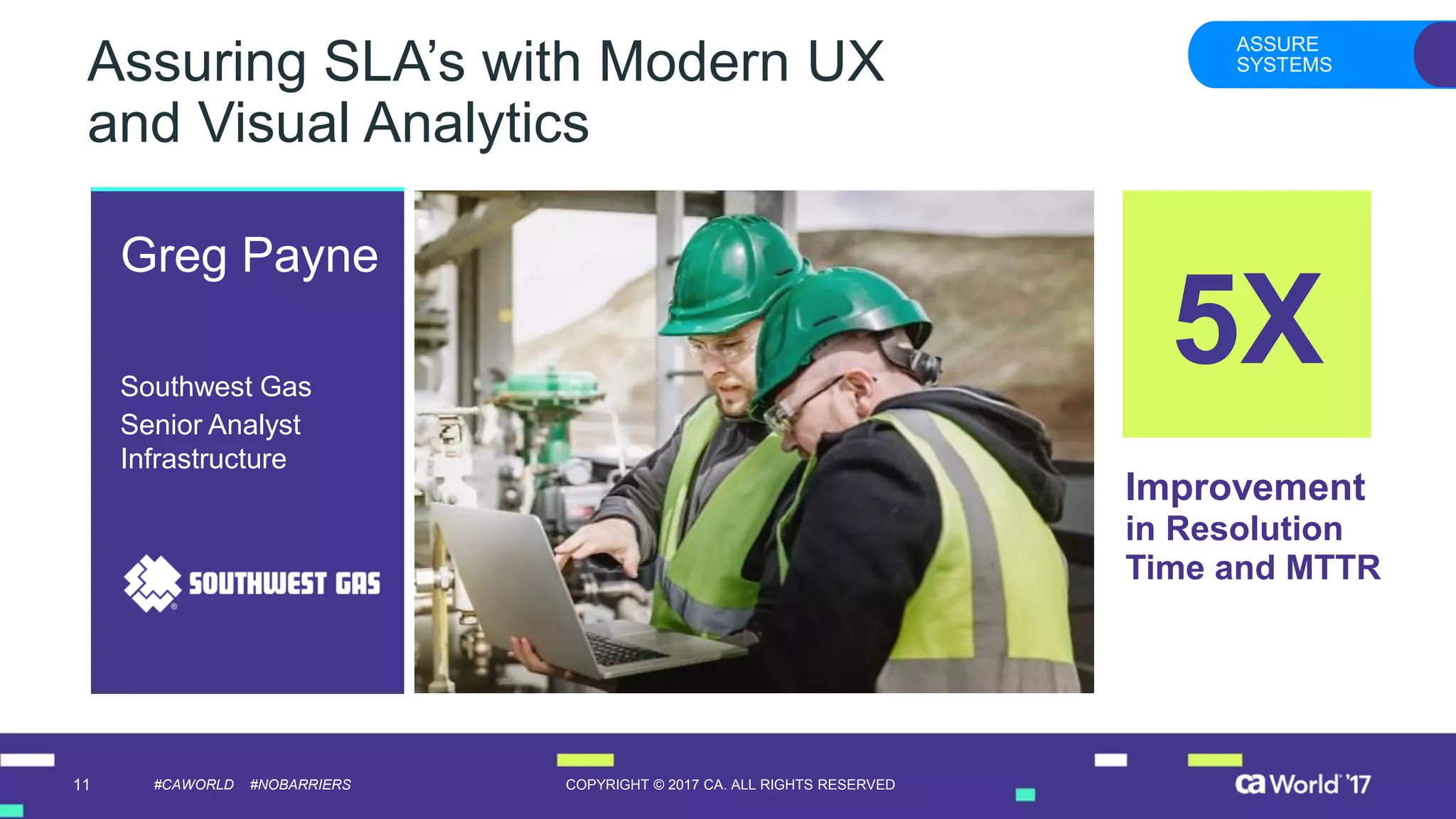 11 COPYRIGHT © 2017 CA. ALL RIGHTS RESERVED#CAWORLD #NOBARRIERS
Assuring SLA’s with Modern UX
and Visual Analytics
ASSURE
SYSTEMS
Improvement
in Resolution
Time and MTTR
5X
Greg Payne
Southwest Gas
Senior Analyst
Infrastructure
 